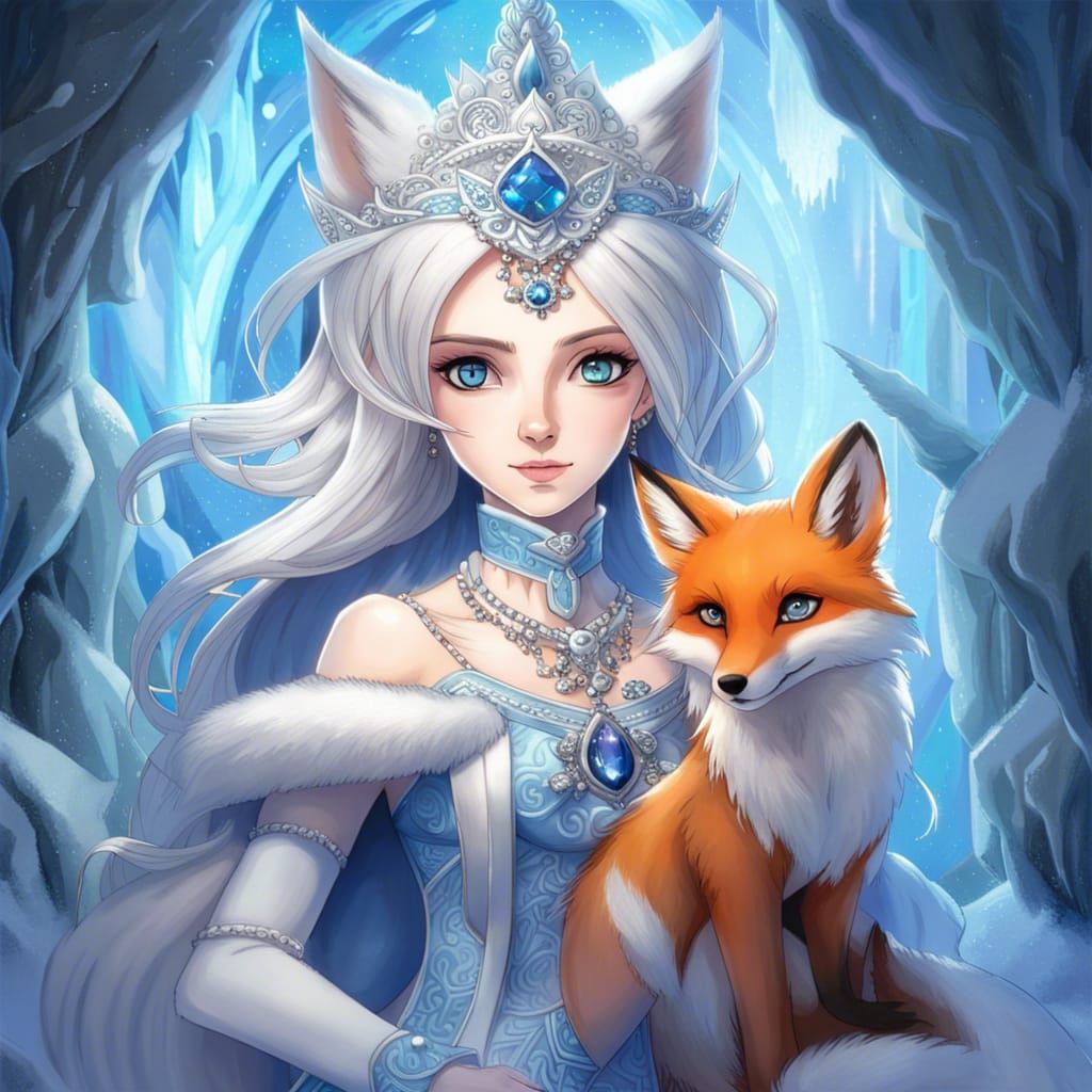 Anime Portrait: Ice Princess with Fox Companion
