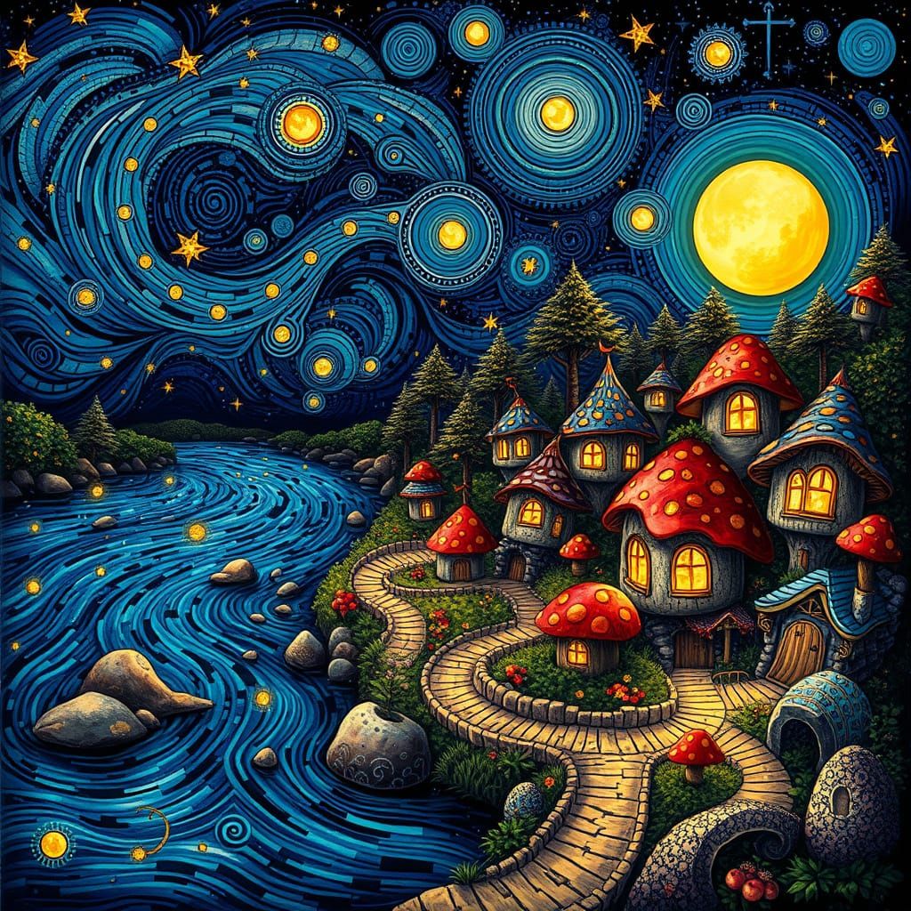 Enchanted Mushroom Village Under Starry Night Sky