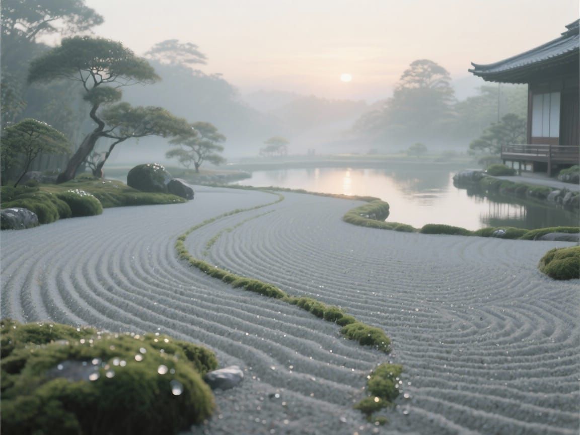 Minimalist Japanese Garden at Dawn in Matte Painting Style