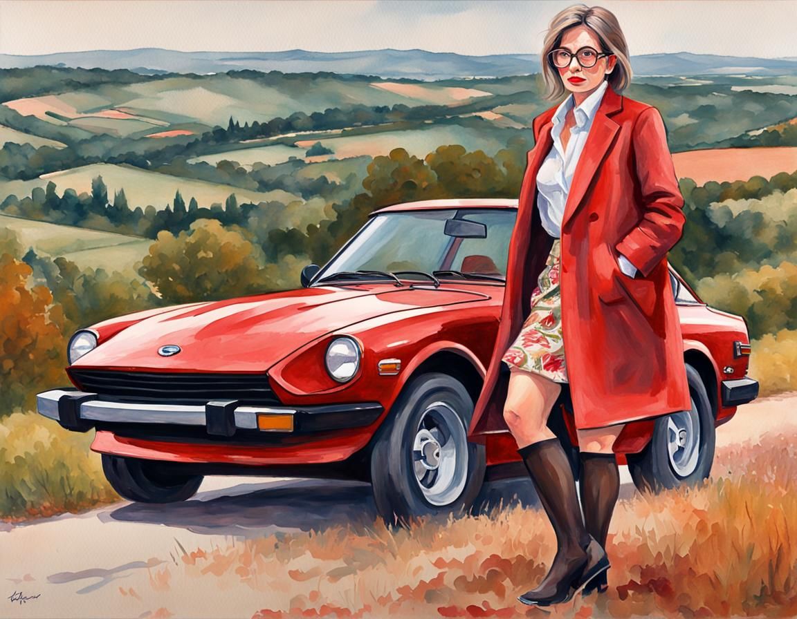 Woman with 1978 Datsun in Gouache Style
