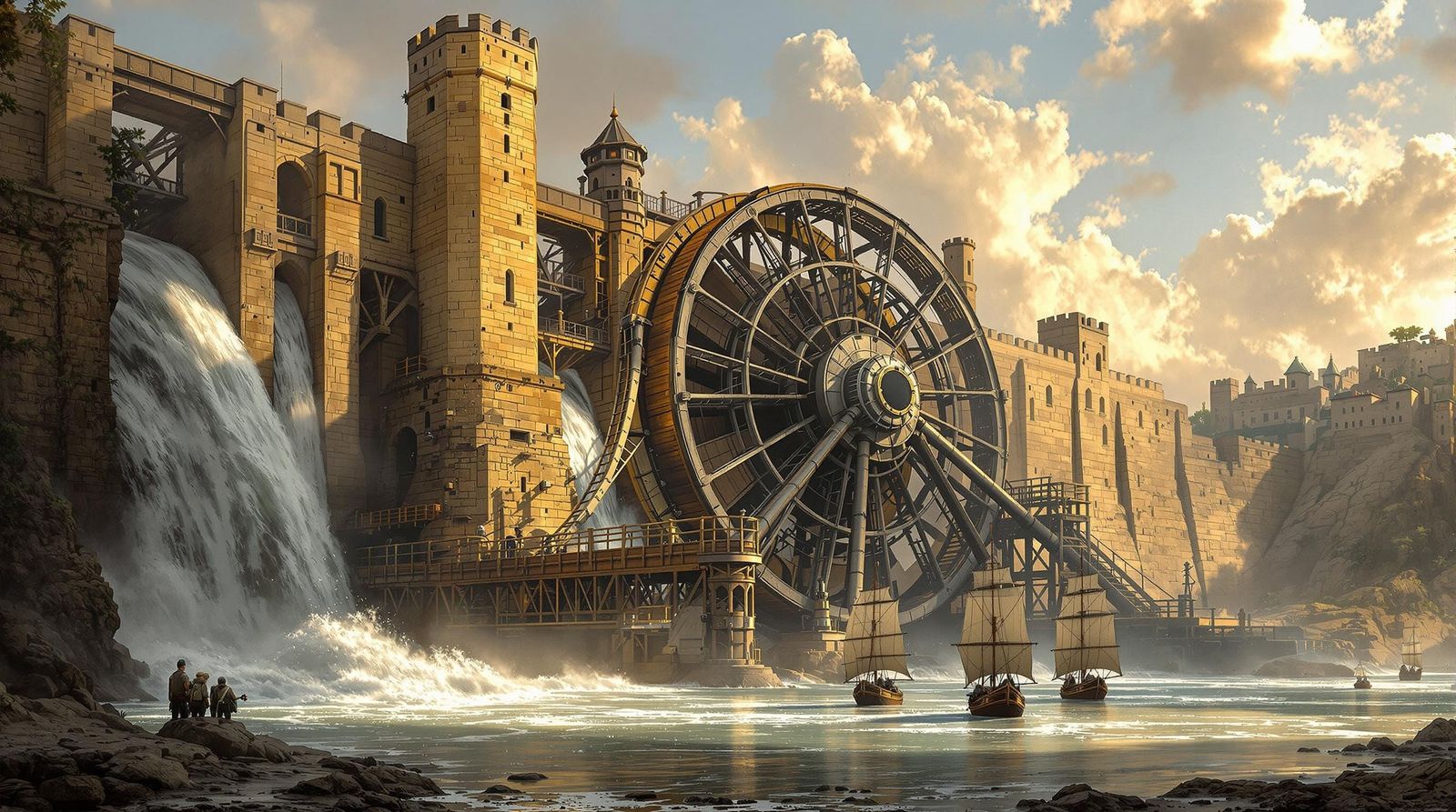 Medieval Waterwheel Castle Scene in Rustic Industrial Style