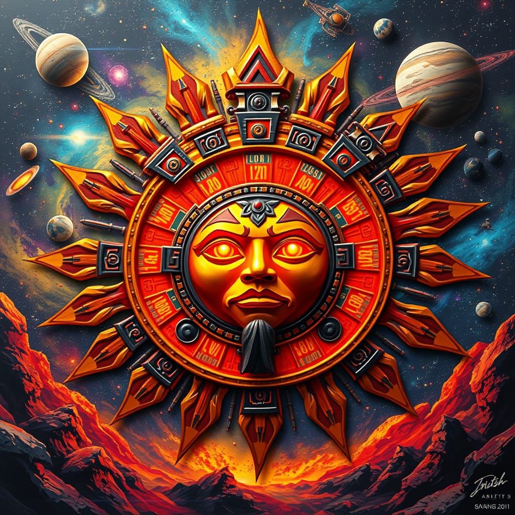A 3D epic abstract Aztec oil painting of Tonatiuh, the Sun God, symbol of the Fifth World. The central focus is a giant ...