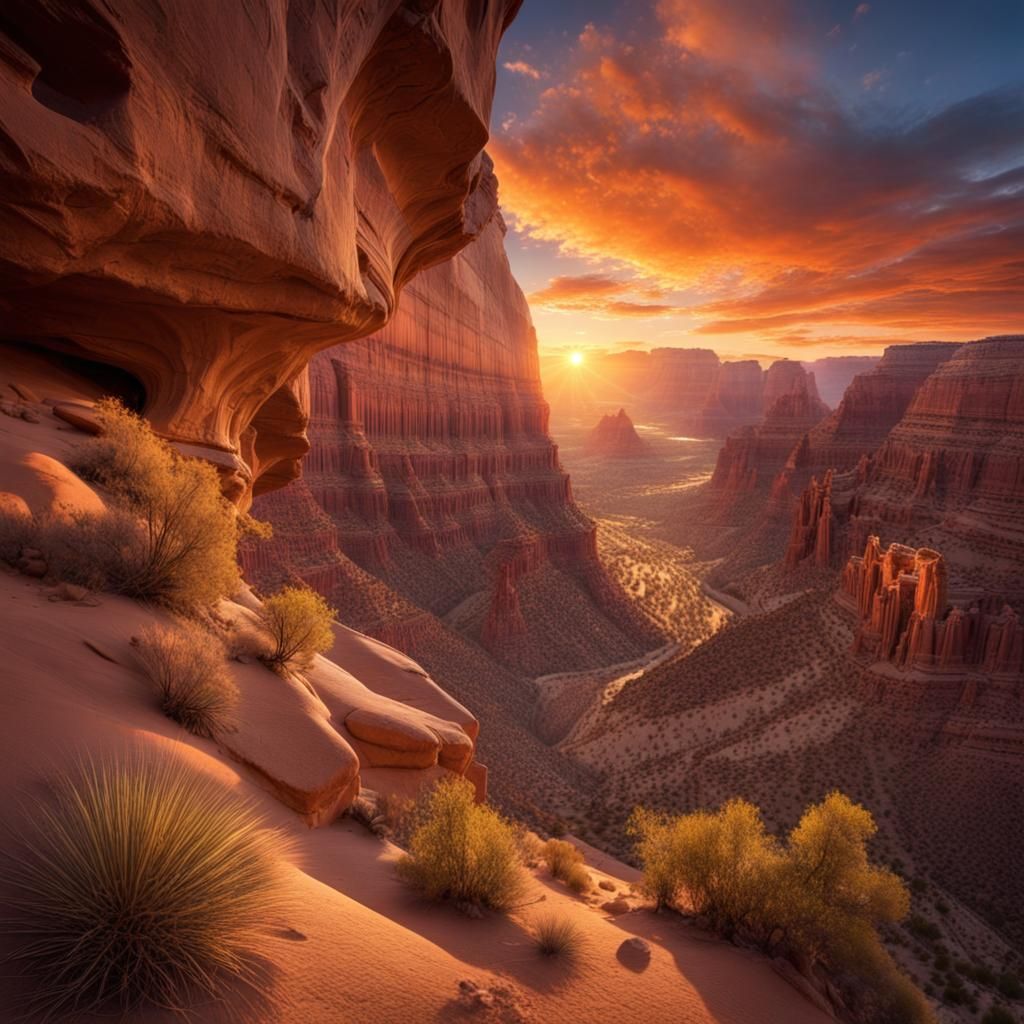 Desert Canyon Sunrise with Ancient Cliff Dwellings