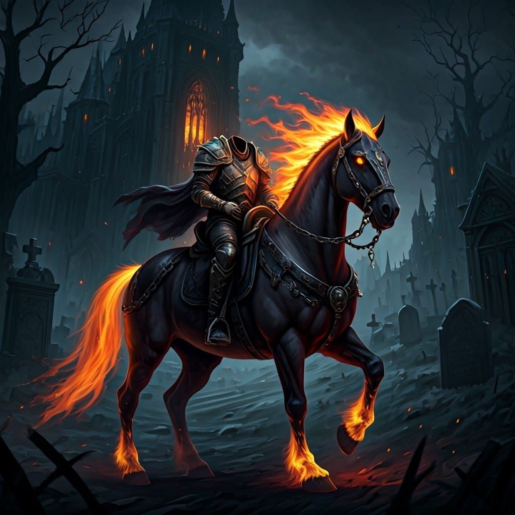 Headless Rider in Cemetery, Dark Fantasy Art