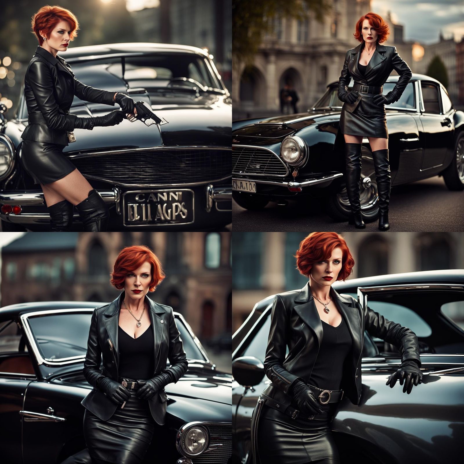 Mature Hitwoman in Leather with Sports Car