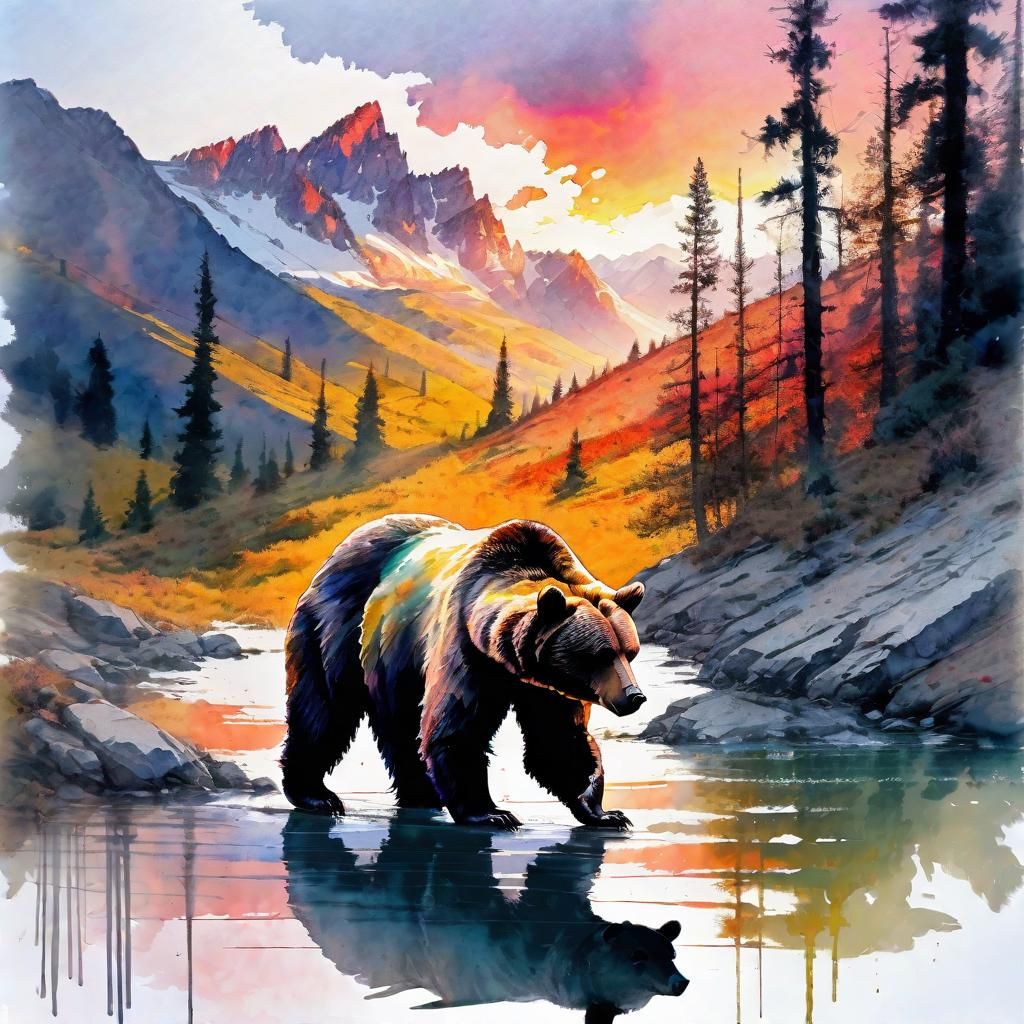 Bear and Mountains Double Exposure Watercolor