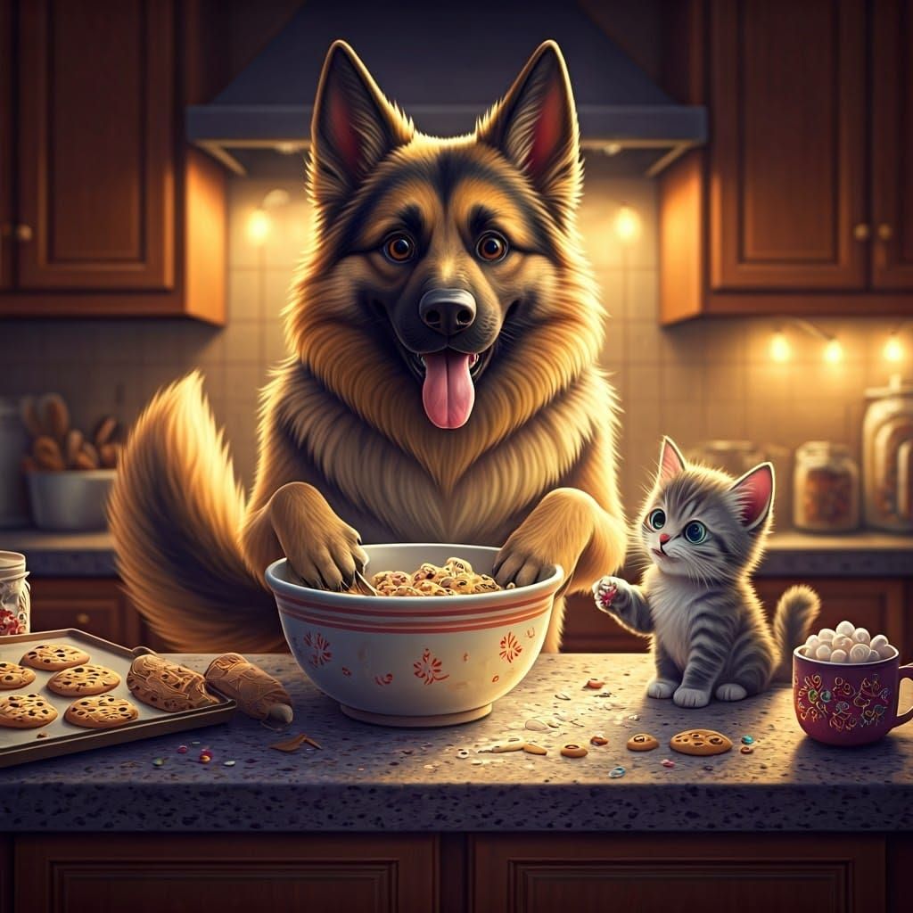 Adorable Dog and Kitten Baking Friends in a Cozy Kitchen