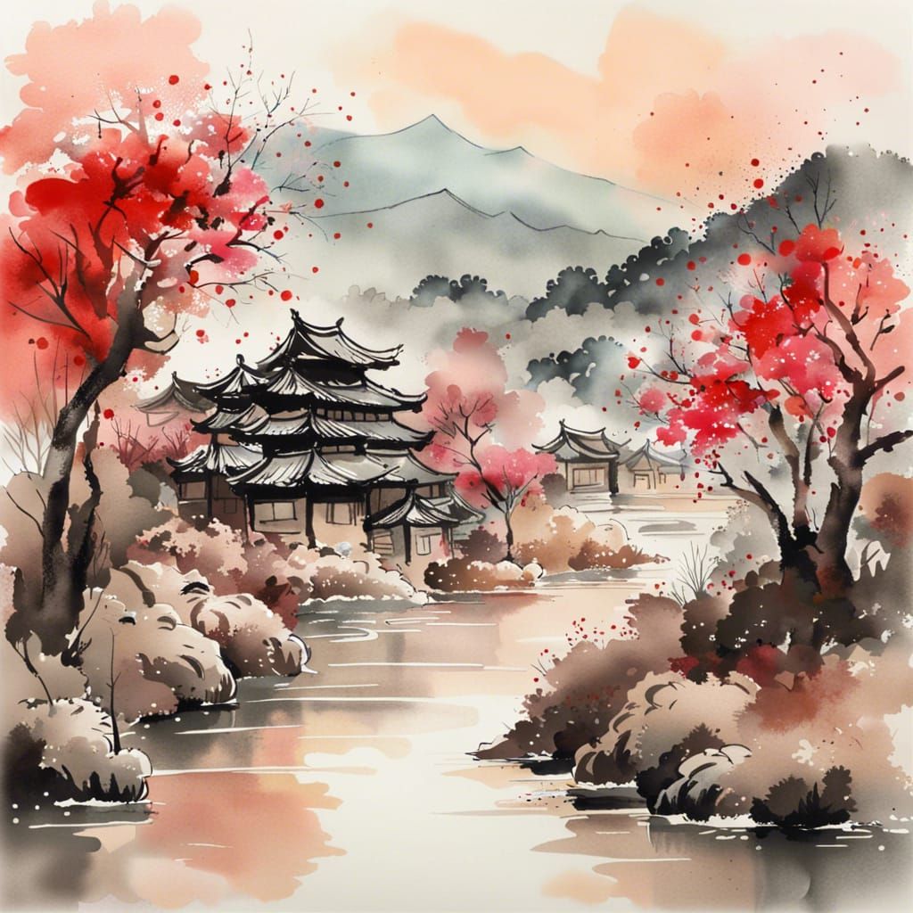 Ancient Village Landscape in Watercolor Sketch Style