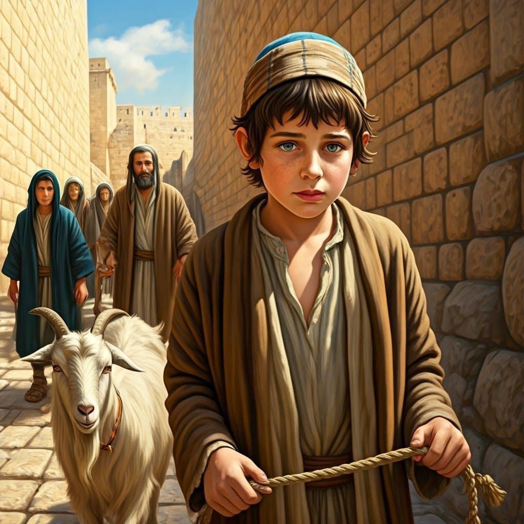 Young Hebrew Boy Leads Goat to Temple Mount in Ancient Jerus...