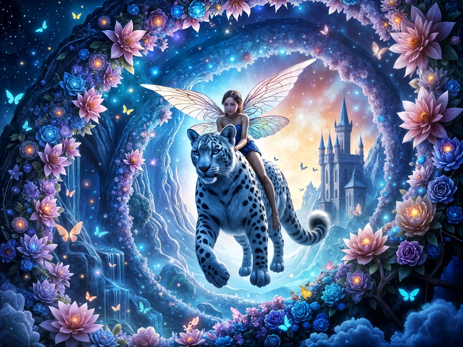 Magical Fantasy Scene with Fairy Elf and Snow Leopard