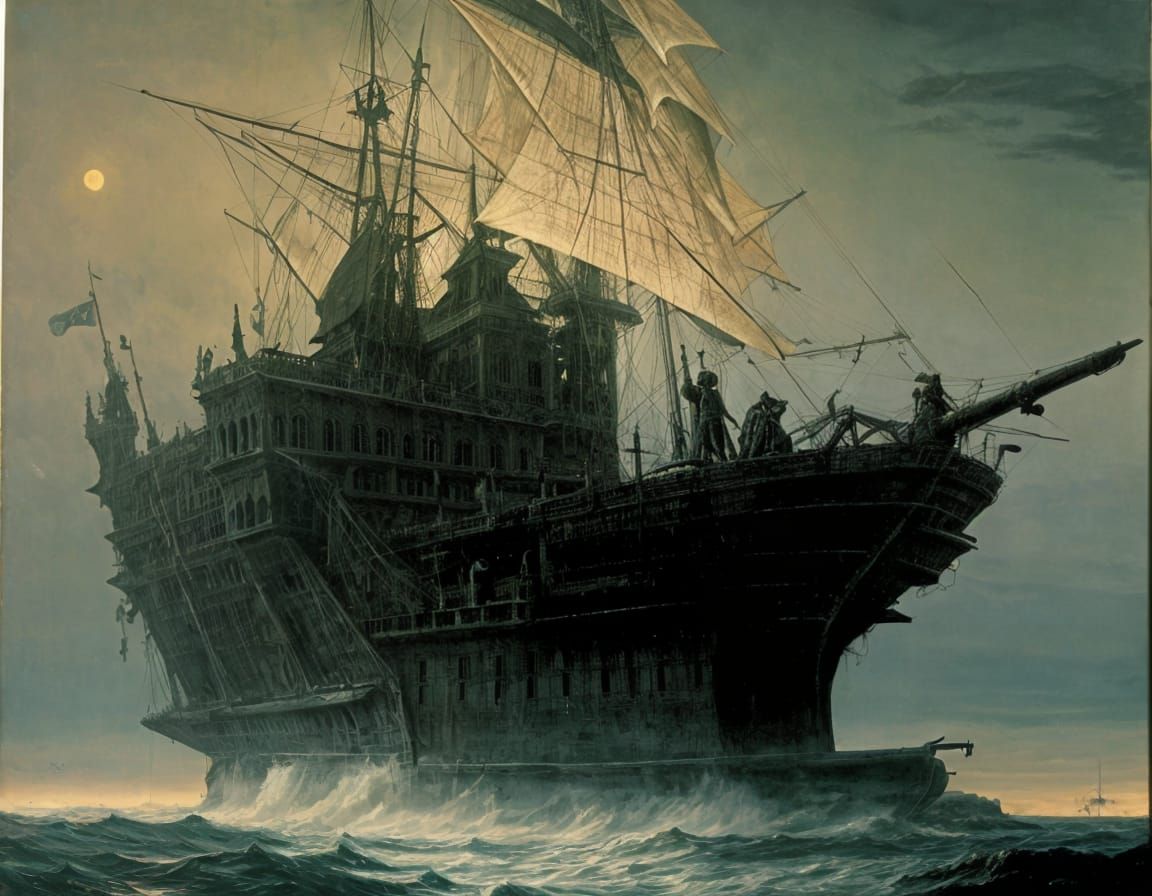Ghostly Pirate Galleon in Dark Surreal Night