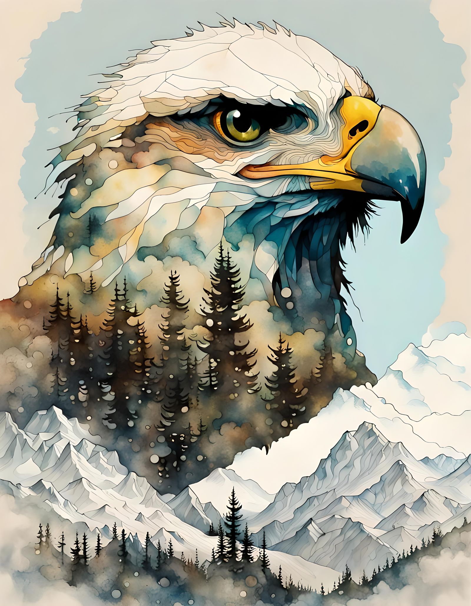 Cosmic Eagle Over Mountain Range in Double Exposure