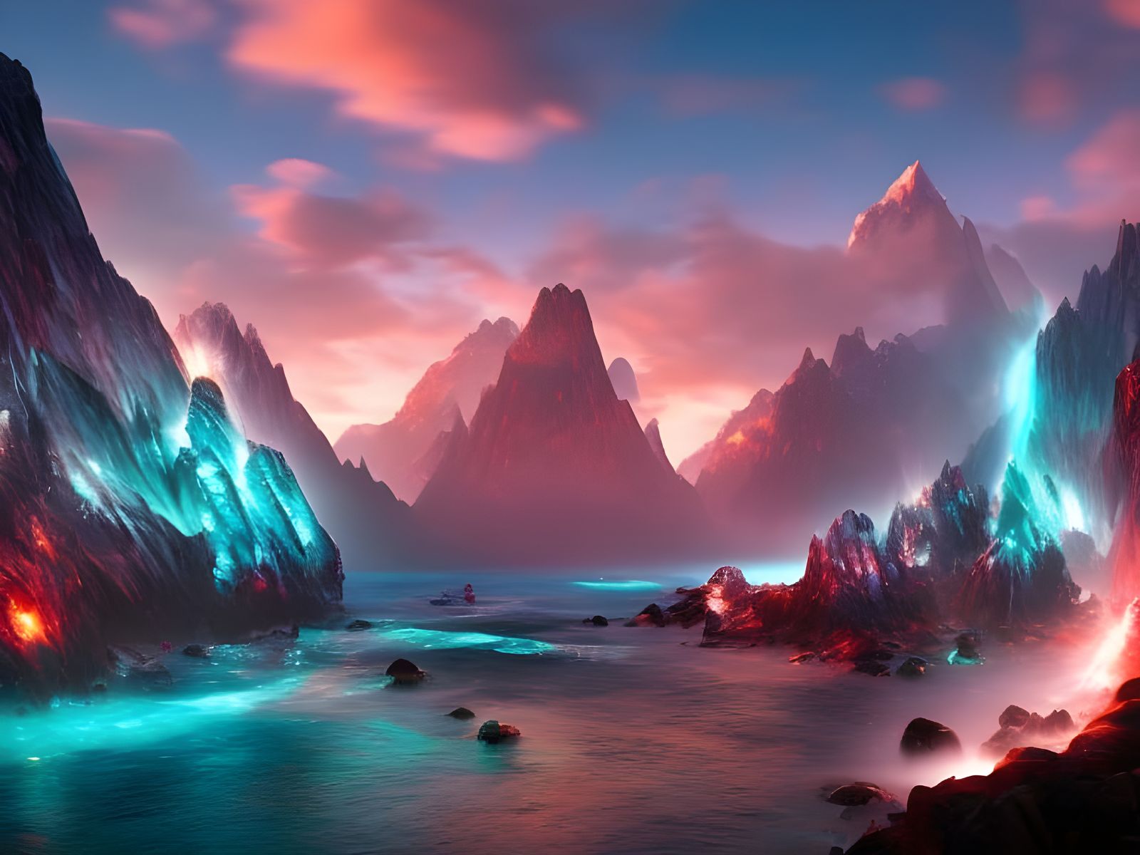 Fantasy giant aqua crystals in a rust red landscape and foggy white water, Hyperrealistic, splash art, concept art, mid...