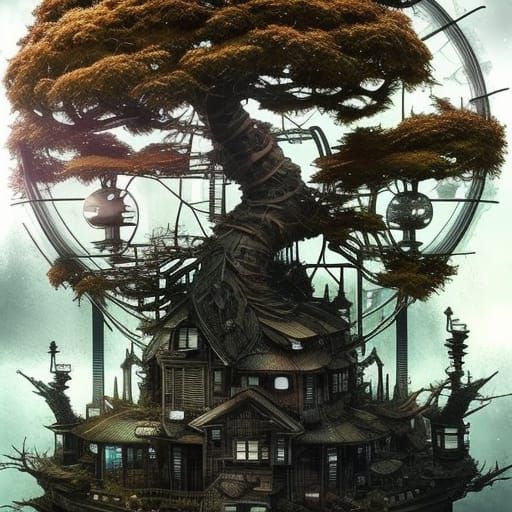 Clockpunk Bonsai Village: Detailed Digital Matte Painting