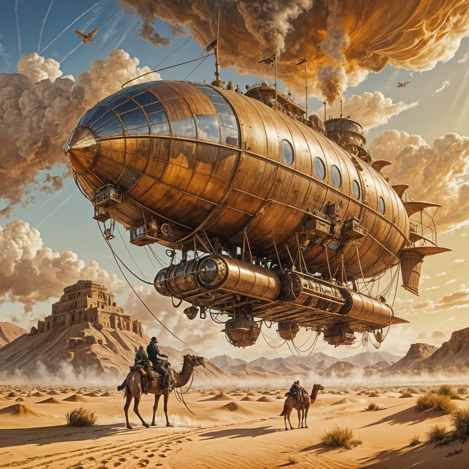 Steam-Powered Airship Over Desert With Camel