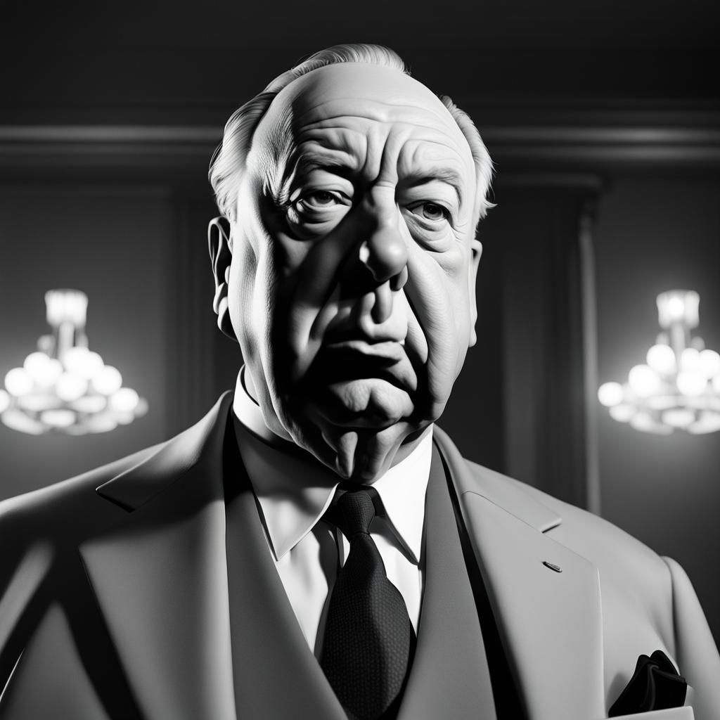 Alfred Hitchcock Portrait in Classic Hollywood Style