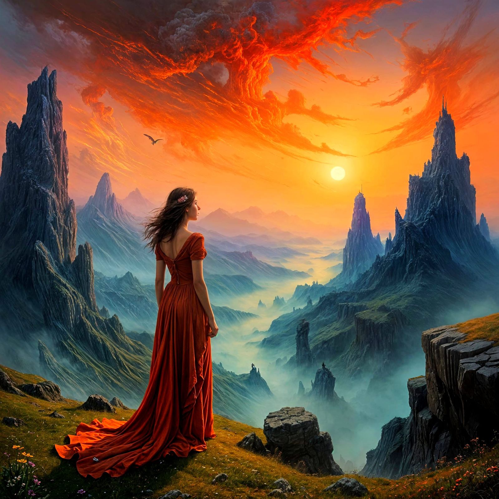 Surrealist Woman Transcends Futuristic Dreamscape