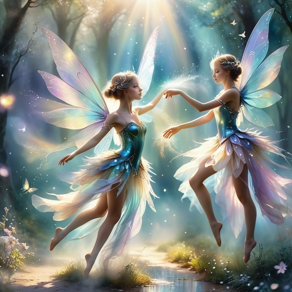 Waltzing Fairies in a Whimsical Watercolor Fantasy