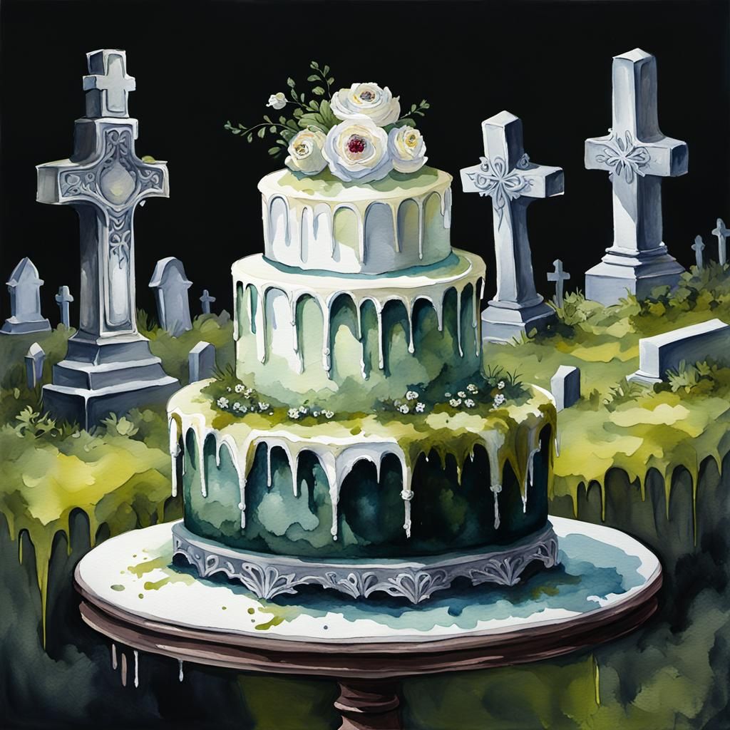Gothic Cemetery Wedding Cake in Gouache Watercolor