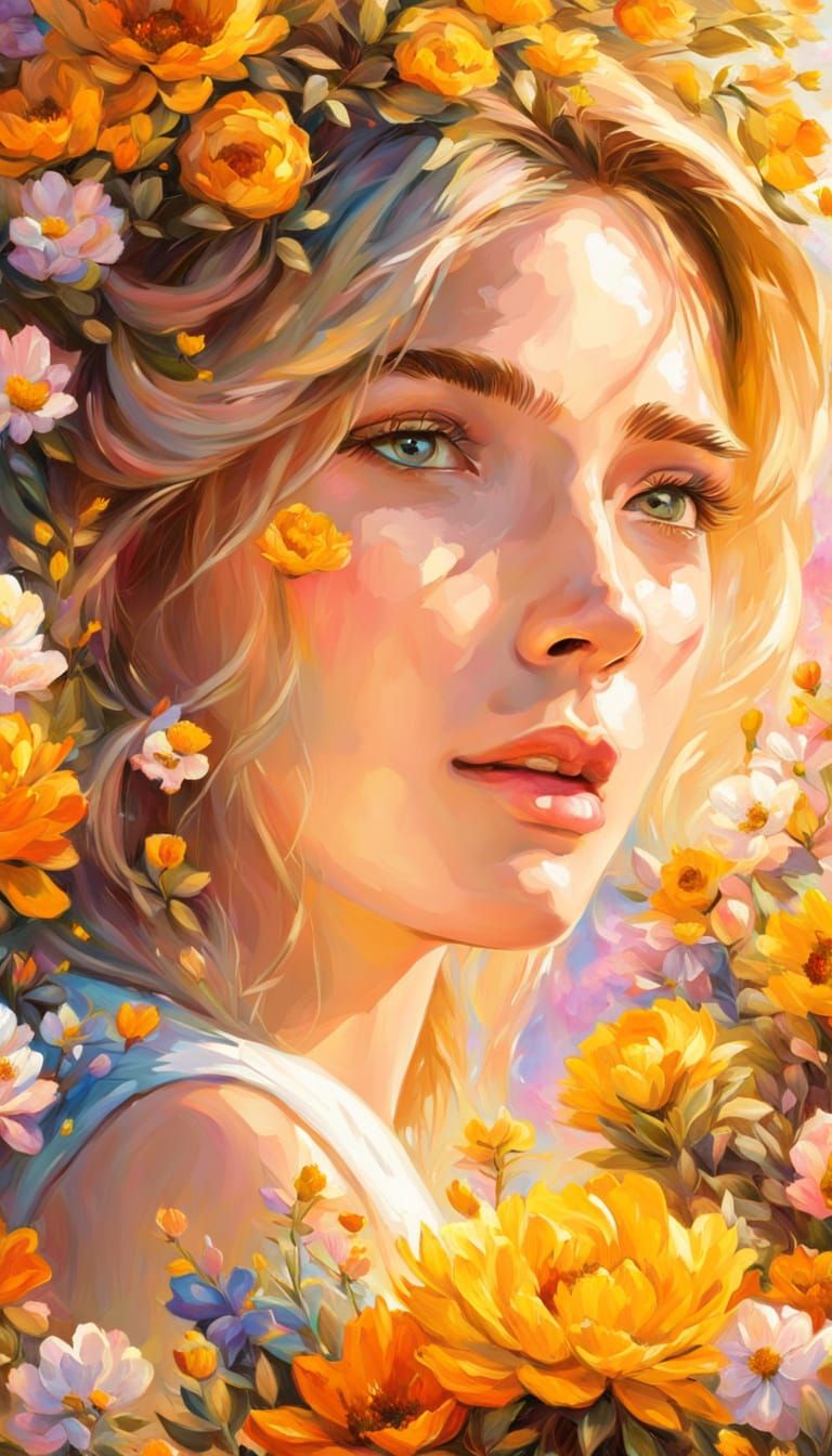 Woman Surrounded by Flowers in Impressionist Oil Painting