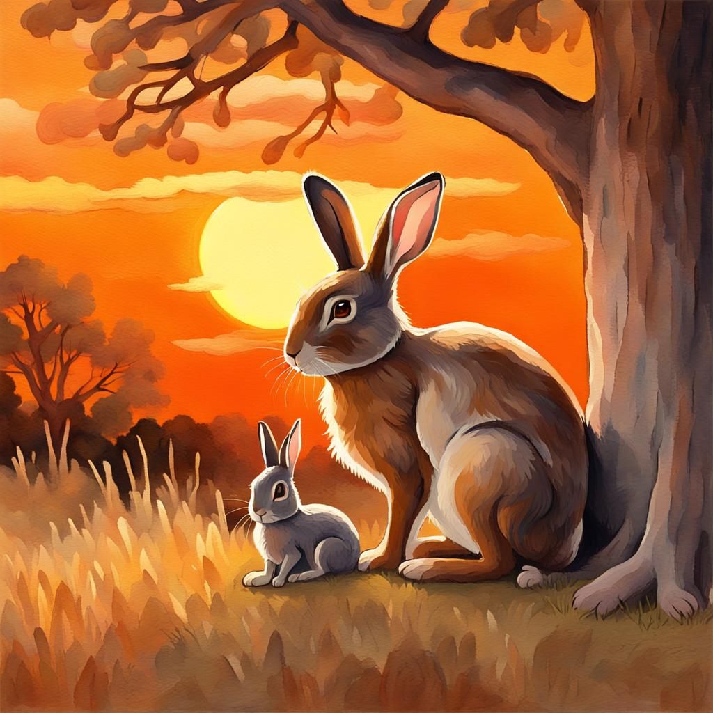Rabbits Asleep at Sunset: Gouache Impressionist Painting