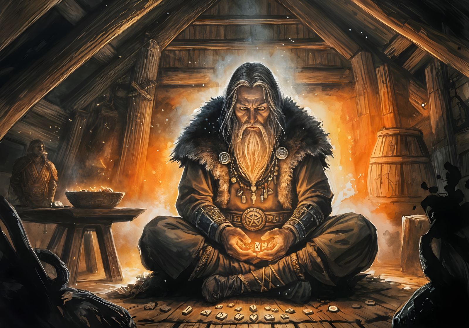 Sorcerer Rune Priest in Norse Longhouse