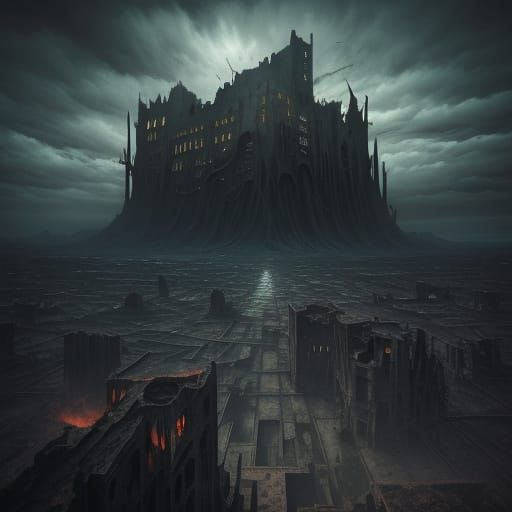 Surreal Apocalyptic Landscape Painting with Eerie Glow