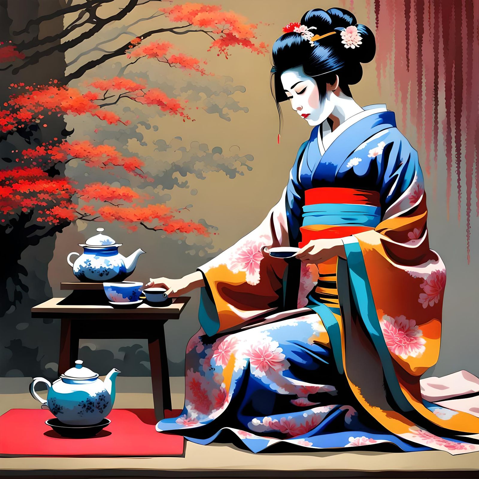 Geisha Tea Ceremony in Impressionist Style