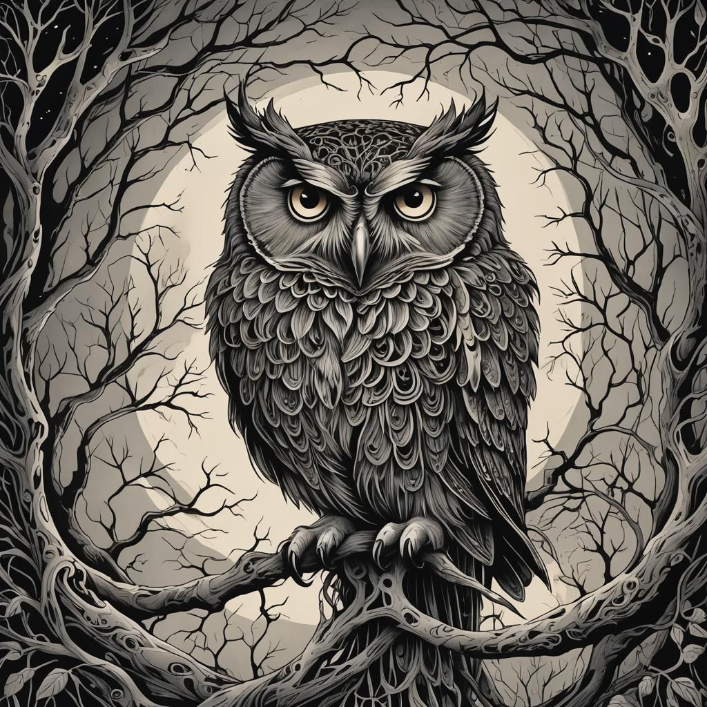 Majestic Owl in Ink Drawing, Gothic Illustration Style