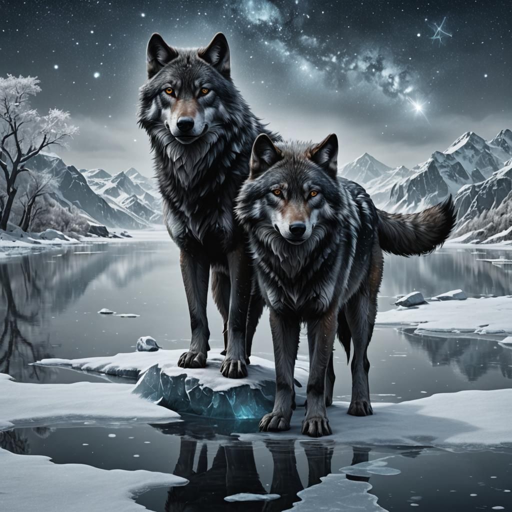 Entwined Wolves Reflect Stars on Frozen Lake