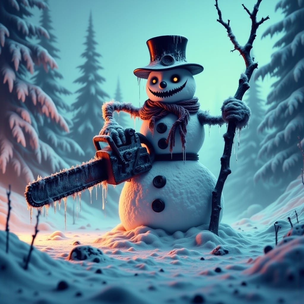 Icy Snowman with Chainsaw in Winter Wonderland