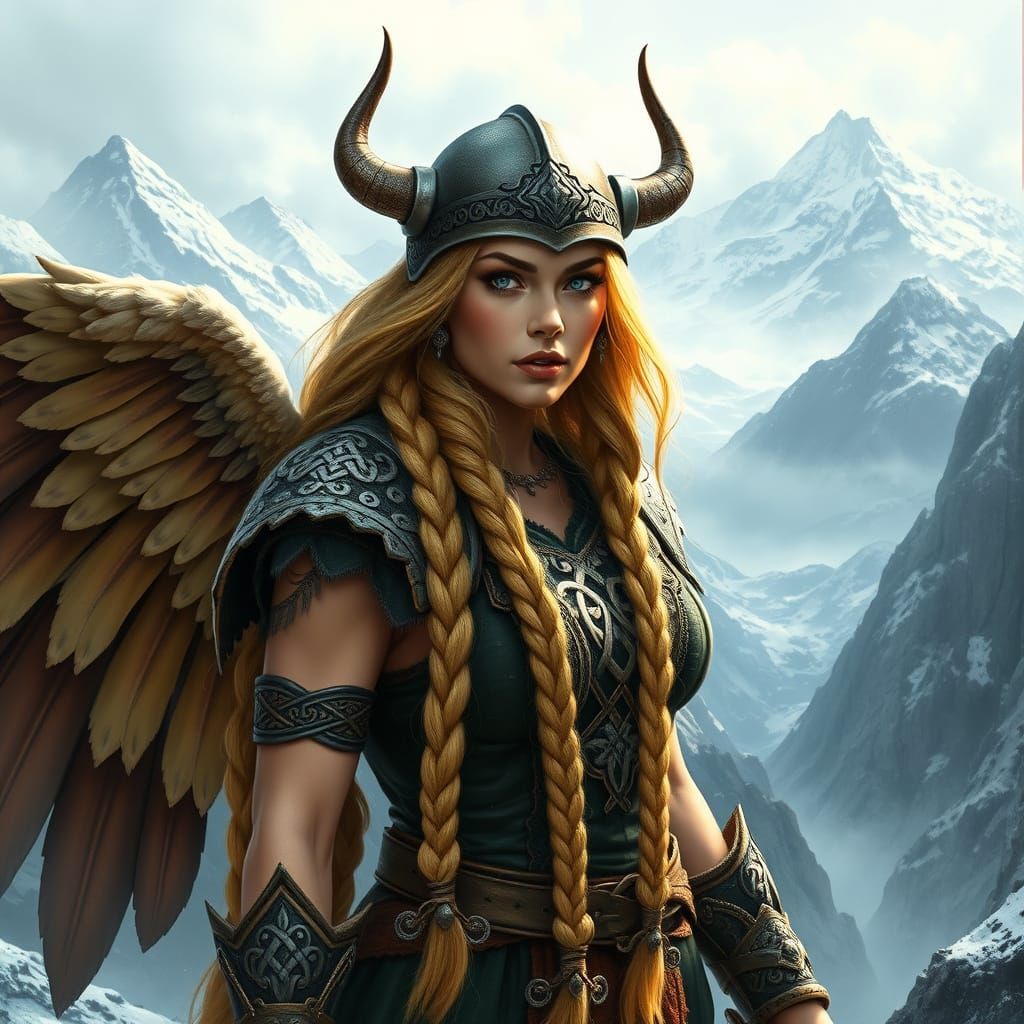 Viking Goddess with Wings, Golden Braid, and Horned Helmet