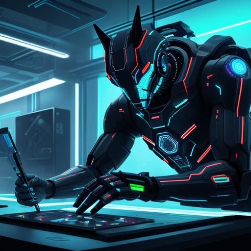 Cyberpunk Dog with Neon Circuits in Futuristic Lab