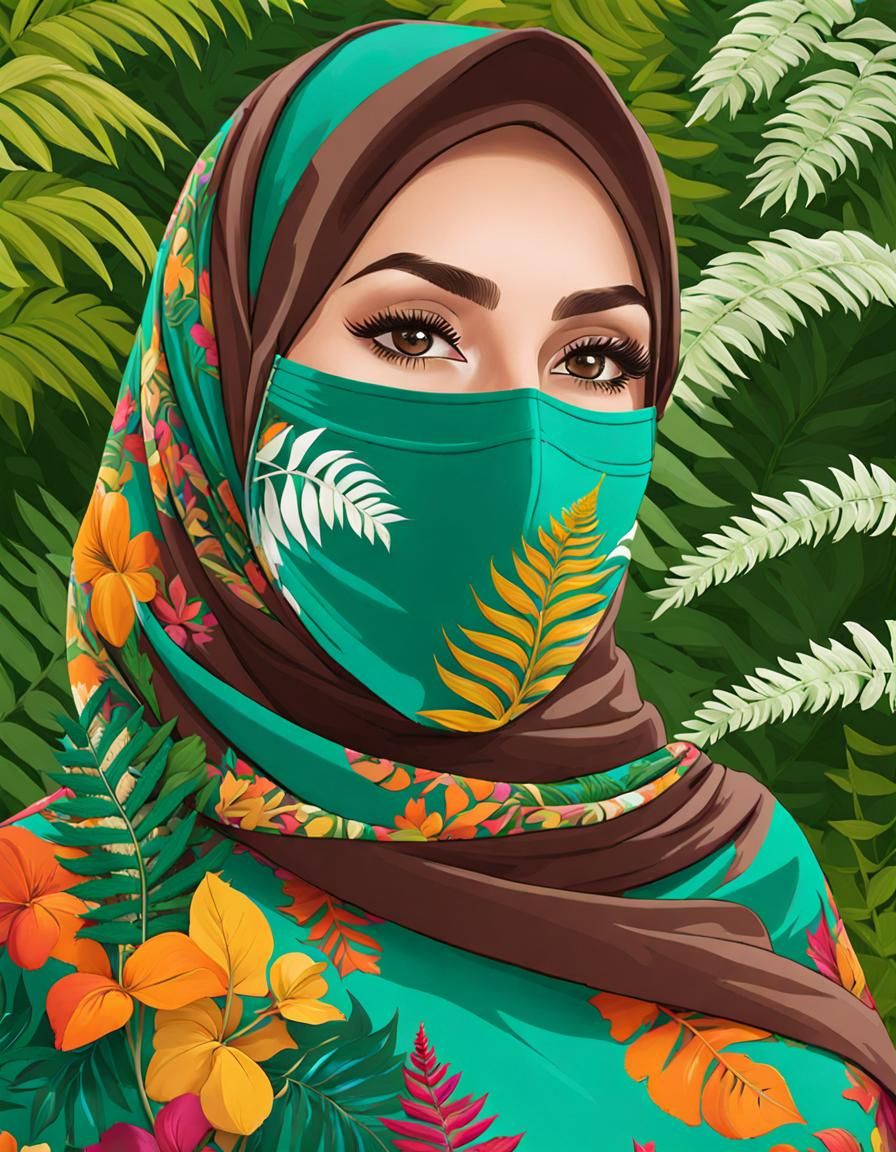 Beautiful Hijabi Woman in Garden, Pop Art Style