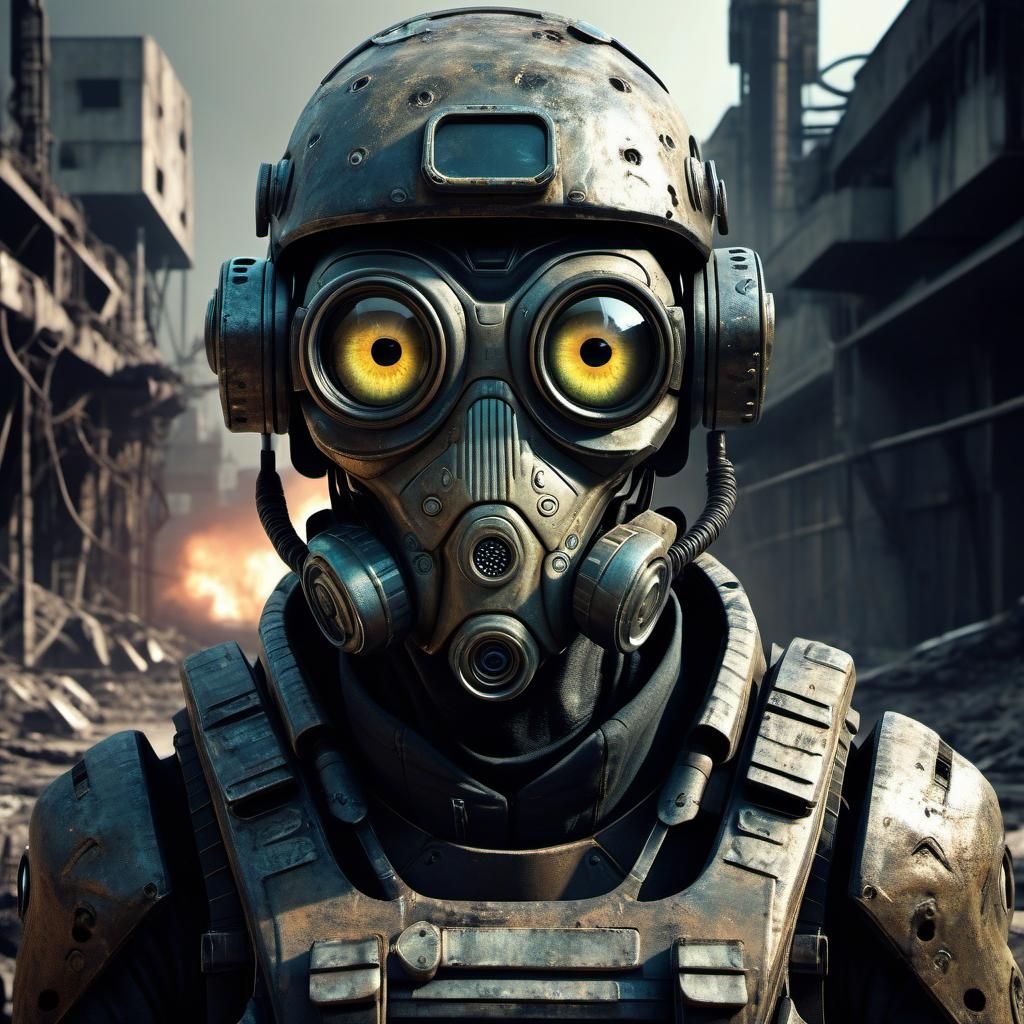 Alien Soldier in Ruined Sci-Fi Landscape