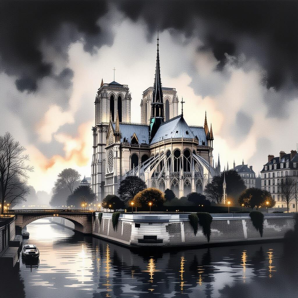 Antique Gold Ink & Watercolor Notre Dame in Fog