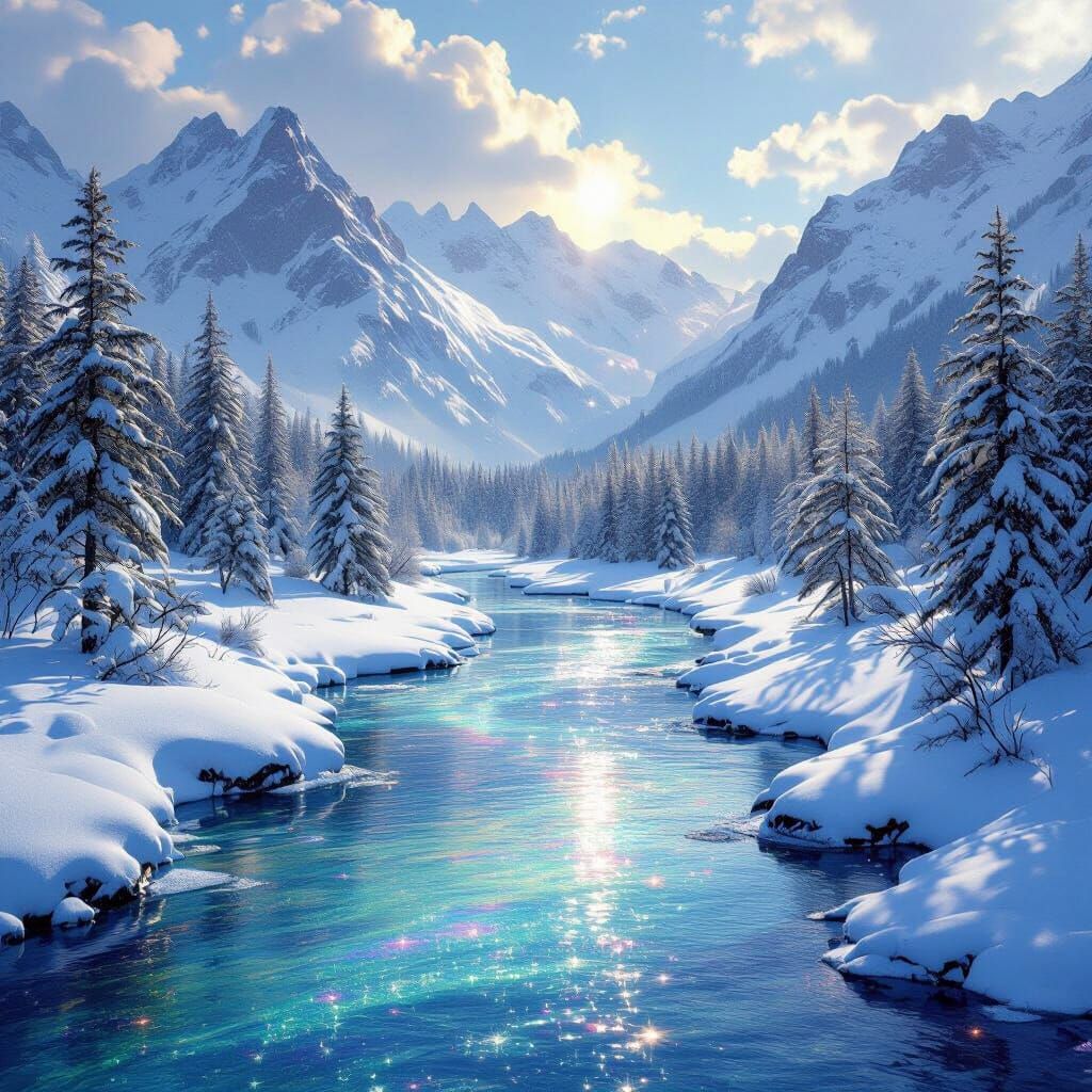 Snowy Landscape with Rainbow Crystal River and Mountains
