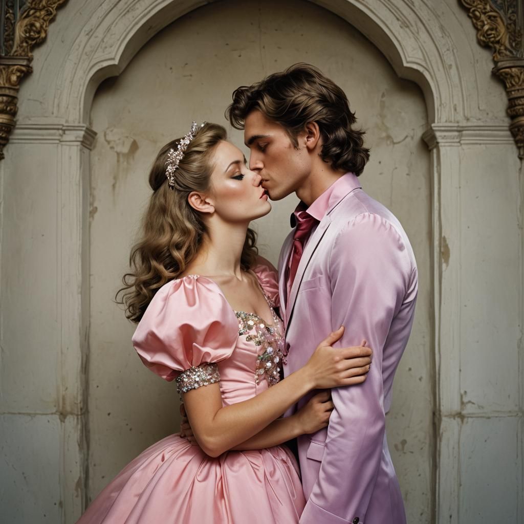 Crossdressed Teen in Prom Dress Kissing Girl