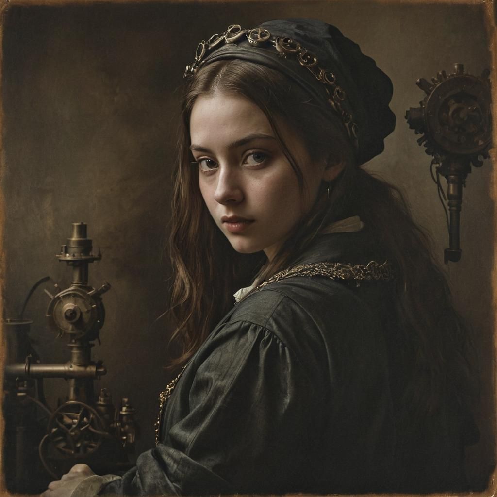 Introspective Portrait in Vermeer Style with Steampunk Engin...