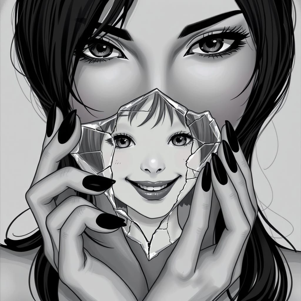 Anime Woman Portrait with Mirror Shard in Black and White