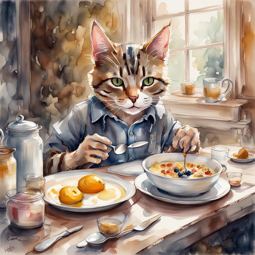 Adorable cat eating breakfast