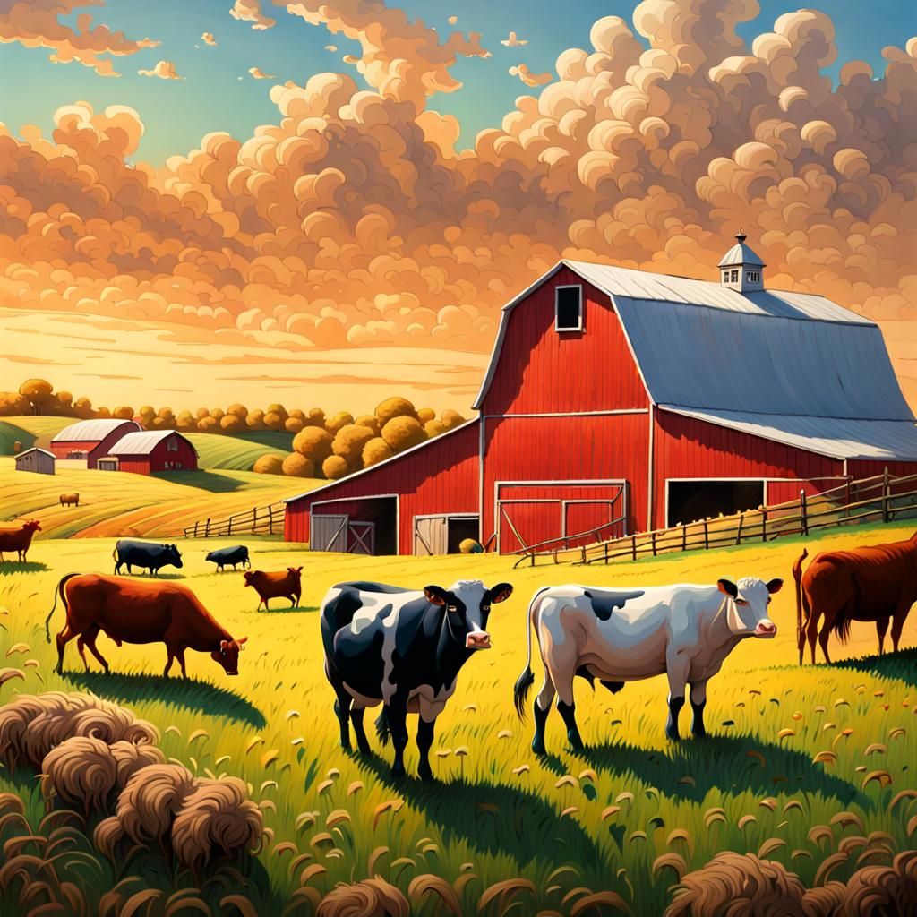 Hyperrealistic Countryside Scene with Farm Animals