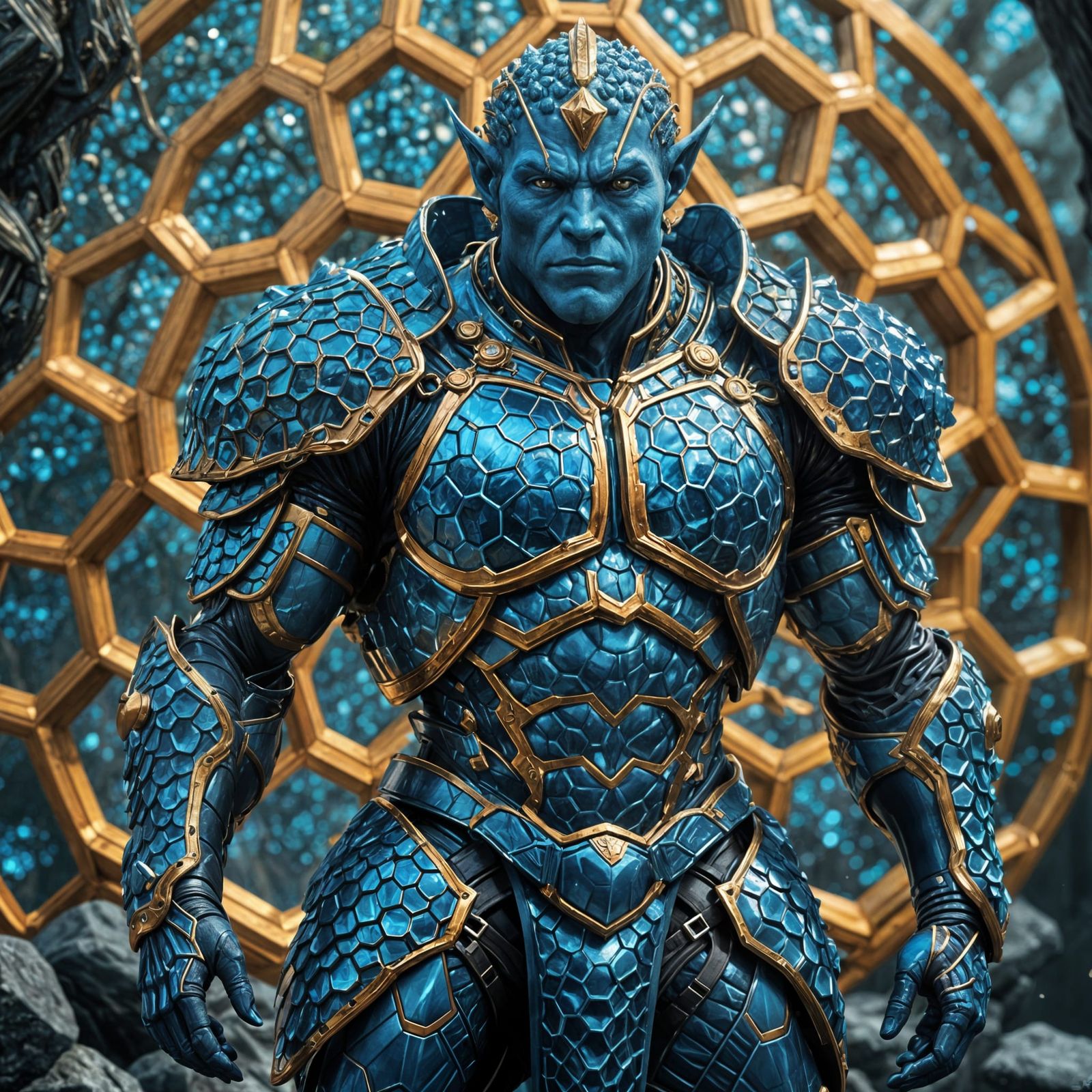 Muscular Blue Firbolg with Honeycomb Armor in 3D