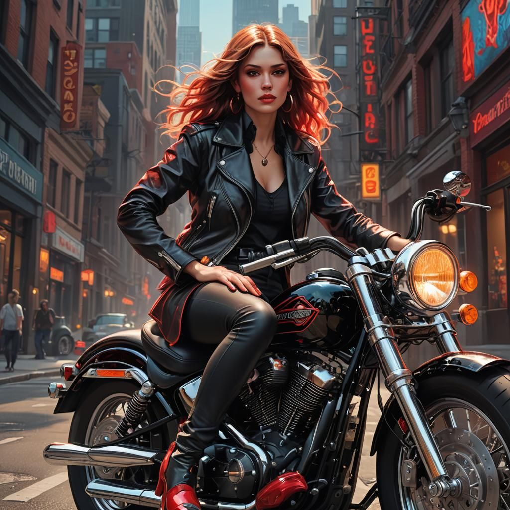 Woman on Harley Davidson in Hyperrealistic Style