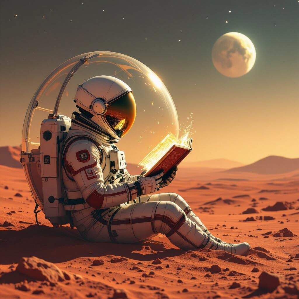 Astronaut Reads Holographic Book on Mars