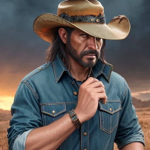 Cowboy Musician in a Fantastical Country Setting