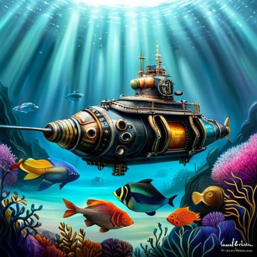 Steampunk Submarine in Rainbow Twilight Seascape