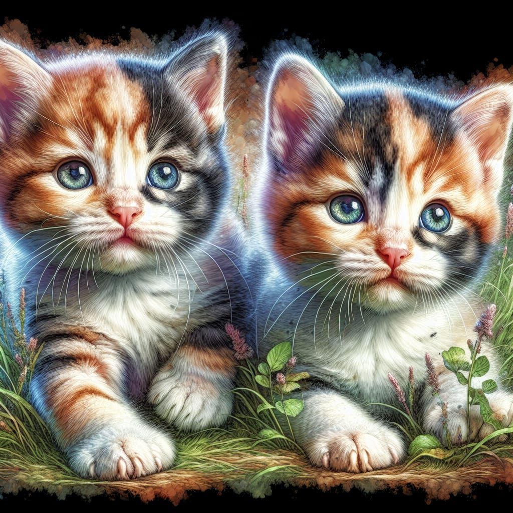 Calico Kittens Frolicking in Radiant Watercolor Style