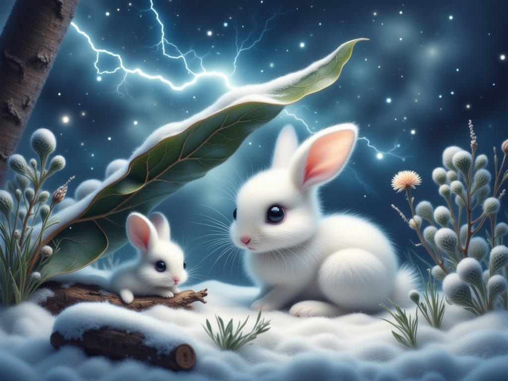 Protective Bunny Siblings in a Winter Storm Forest