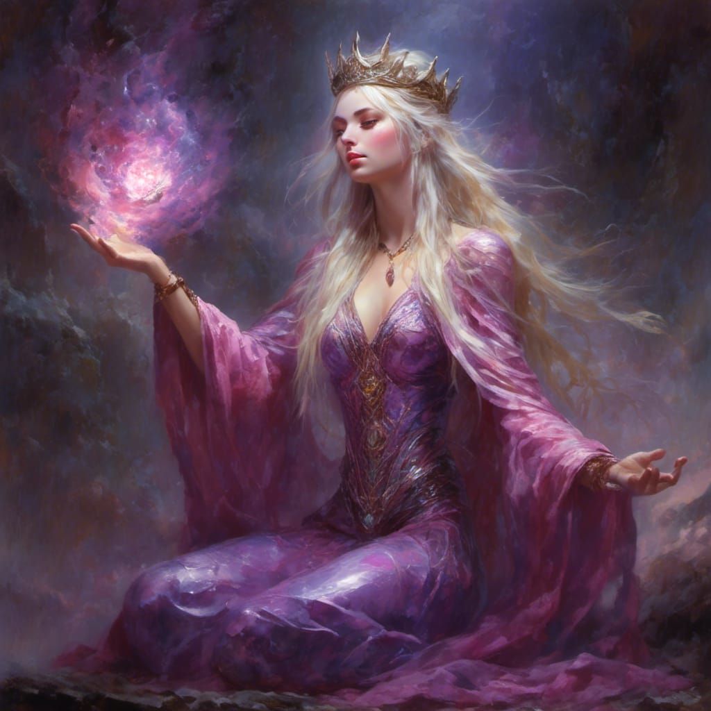 Meditative Half-Elf Sorceress Casting Spell